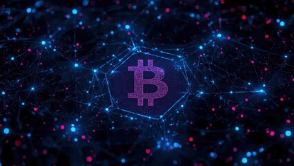 Blockchain Developer. Bitcoin symbol purple glowing network connection