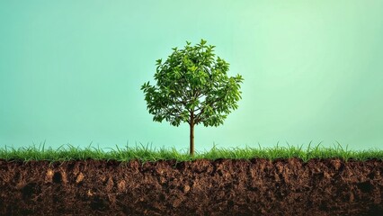 Tree Planting. Young green tree growing in soil with clear blue sky ba