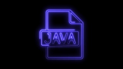 Glowing blue neon J A V A file icon isolated on black background digital technology concept abstract symbol