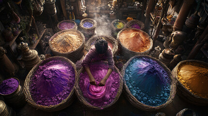 Wall Mural - woman surrounded by vibrantly colored powder in various baskets in a brightly lit room