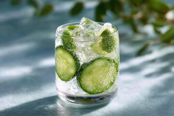 Poster - Refreshing sparkling cucumber drink with ice in a glass, ideal for summer.