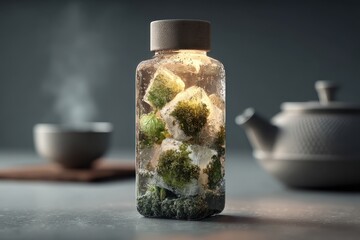Poster - Artistic still life of a glowing bottle with ice and green elements, set against a tea backdrop.