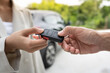 © Shisu_ka - lease, rental car, sell, buy. Dealership manager send car keys to the new owner.  Sales, loan credit financial, rent vehicle, insurance,  renting, Seller, dealer, installment, car care business