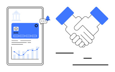 Poster - Financial analysis on tablet with bank card details, graph, and handshake highlighting partnership and trust. Ideal for fintech, banking, partnerships, trust, analytics, finance apps simple landing