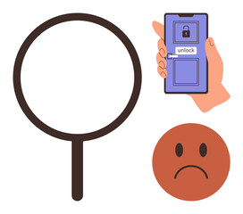 Aufkleber - Magnifying glass, hand holding smartphone with unlock symbol, sad face emoticon. Ideal for cybersecurity, privacy issues, data protection, technology risks, online safety, vulnerability simple flat