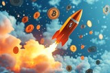 3D rocket flying among floating dollar signs, sky and clouds background, crypto boom metaphor