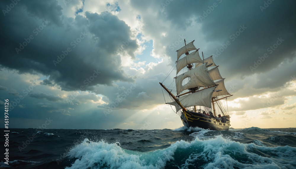 Majestic sailing ship navigates turbulent waters under dramatic sky ...