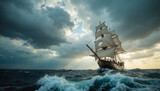 Majestic sailing ship navigates turbulent waters under dramatic sky, sailing ship catches sunlight, showcasing resilience and power. Sailing ship adventure under dark clouds embodies exploration