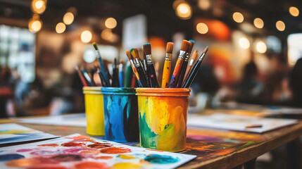 Poster - Collection of paint brushes and paint cans ready for artistic creation in a colorful studio space
