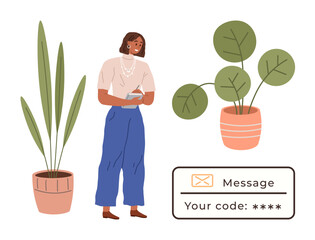 Poster - Woman holding a tablet near two potted plants, with a displayed notification for a secure code message. Ideal for technology, communication, security, eco-concept, digital lifestyle, privacy