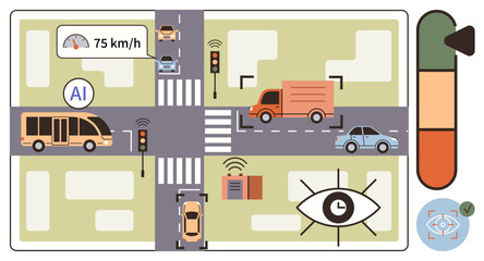 Poster - Urban intersection with AI monitoring, traffic lights, autonomous vehicles, and speed control systems. Ideal for transport, urban planning, AI technology, safety systems, innovation automation