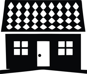 Poster - Simple black and white illustration of a house with a diamond patterned roof and a central doorway