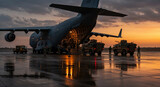 Military cargo plane loading armored vehicles on wet tarmac at sunset.