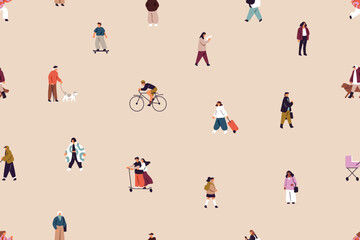 Wall Mural - Repeatable pattern of different tiny people strolling on city streets. Endless background of various men and women walk their dogs, ride scooter, skateboard, cycling. Flat seamless vector illustration
