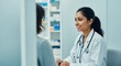 © DigitalSpace - Smiling pharmacist wearing a lab coat and stethoscope, assisting a customer in a drugstore, providing expert healthcare advice while dispensing medication and ensuring patient well being