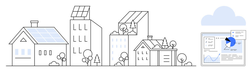 Poster - Solar panels on residential and urban structures, trees, energy efficiency data visualization. Ideal for sustainability, green energy, smart cities, urban planning, eco housing, renewable energy