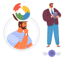 Poster - Bearded man thinking with colorful puzzle piece brain icon, businessman with clipboard considering decisions. Ideal for brainstorming, decision-making, solutions, business strategy, problem-solving