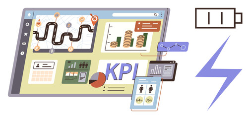 Poster - Digital dashboard with charts, KPI metrics, data visualizations, mobile devices, and connectivity icons. Ideal for data tracking, business analytics, productivity, performance management financial