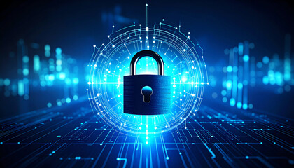 Poster - A digital padlock surrounded by glowing blue lines symbolizes cybersecurity and data protection in a high-tech environment