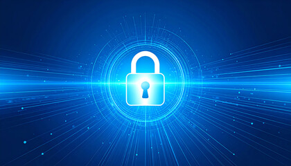 Poster - A digital lock icon surrounded by blue light beams, symbolizing security and protection in a technological context