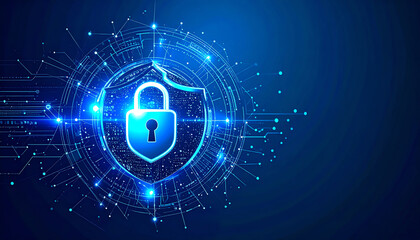 Poster - A digital shield with a lock symbol, representing cybersecurity and data protection against online threats in a futuristic design