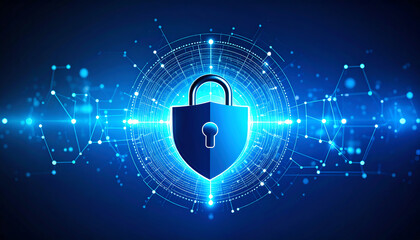 Poster - A digital lock symbol surrounded by glowing connections, representing cybersecurity and data protection in a modern tech environment