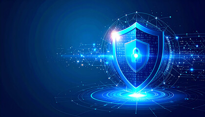 Poster - A futuristic digital shield representing cybersecurity with glowing particles and binary codes on a blue background