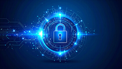 Poster - A digital lock symbol surrounded by glowing blue circuitry, representing cybersecurity and data protection in a modern tech environment