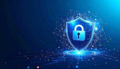 Poster - A glowing shield with a padlock symbolizes digital security and protection against cyber threats, set against a dark blue background