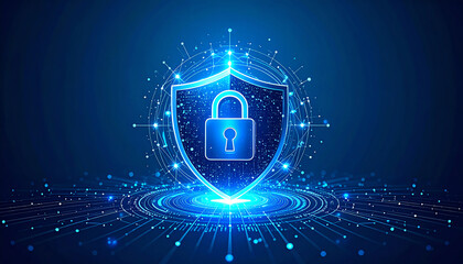 Poster - A digital shield with a padlock symbol, representing cybersecurity and data protection, surrounded by glowing connections and patterns