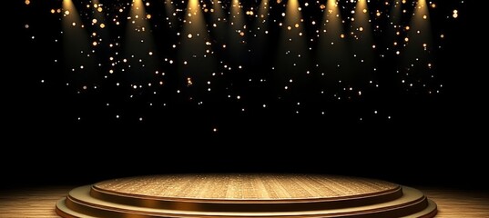 Poster - Elegant Circular Golden Stage Aglow on Black Background with Sparkling Lighting Effects and Magic