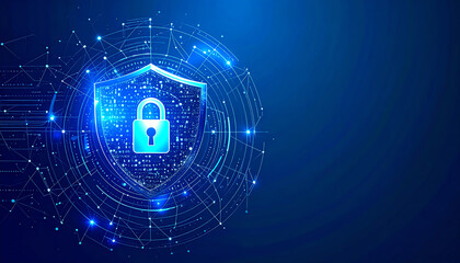 Poster - A digital shield with a lock symbol represents cybersecurity, surrounded by a network of glowing connections and binary data