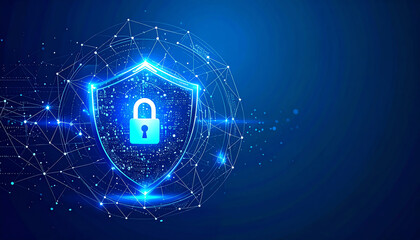 Poster - A digital shield icon representing cybersecurity, surrounded by a network of glowing connections and data points, symbolizing online protection