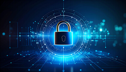 Poster - A digital padlock is surrounded by glowing circuits, symbolizing cybersecurity and data protection in a futuristic environment