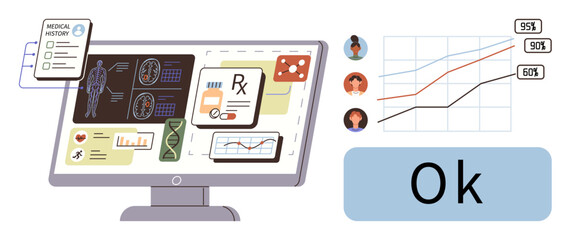 Poster - Computer displaying medical history, X-rays, DNA data, prescriptions, and graphs. Highlighting AI in healthcare, medical research, data visualization and patient tracking. Ideal for healthcare
