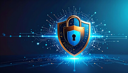 Poster - A digital shield with a lock symbolizes cybersecurity, surrounded by glowing data points and circuits, representing protection in the digital realm