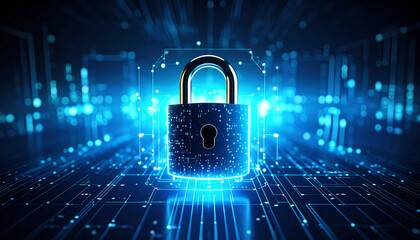 Poster - A digital padlock surrounded by glowing data streams, symbolizing cybersecurity and data protection in a high-tech environment