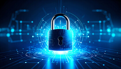 Poster - A glowing digital padlock symbolizes cybersecurity and data protection in a futuristic setting, surrounded by abstract technology elements