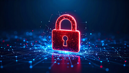 Poster - A glowing digital padlock surrounded by a network of data points, symbolizing cybersecurity and data protection in a vibrant, tech-inspired environment