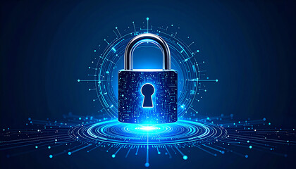 Poster - A digital padlock surrounded by glowing data points symbolizes cybersecurity and data protection in a high-tech environment
