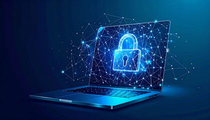 Poster - A glowing laptop displays a digital lock symbol, representing cybersecurity and data protection in a connected world
