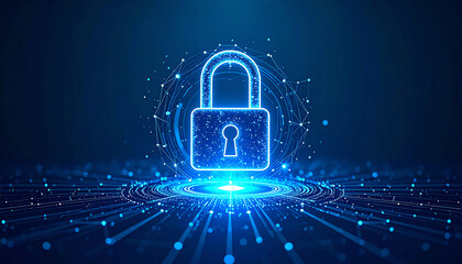 Poster - A glowing blue padlock symbol surrounded by digital lines and particles, representing cybersecurity and data protection