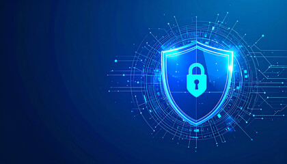 Poster - A digital shield featuring a padlock symbolizes cybersecurity and protection against online threats, set against a blue background with technology elements