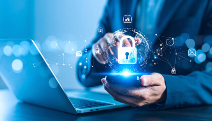 Poster - A professional securing data on a smartphone, surrounded by digital security icons and a laptop, illustrating modern cybersecurity concepts