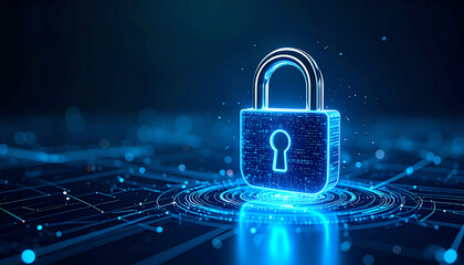 Poster - A glowing digital padlock symbolizes cybersecurity and data protection, set against a futuristic background with abstract connections