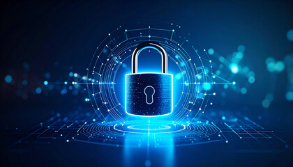 Poster - A glowing padlock surrounded by digital connections symbolizes cybersecurity and data protection in a futuristic setting