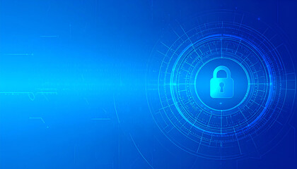 Poster - Digital illustration of a padlock symbolizing security, set against a blue technological background with circular patterns and data elements