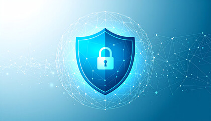 Poster - A digital shield symbolizing cybersecurity, featuring a lock, represents protection against online threats and data breaches in a connected world