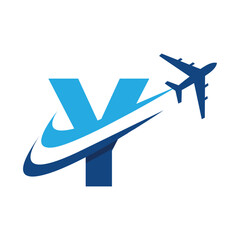 Poster - The image shows a flat logo design of an initial letter Y in blue color with an airplane flying through it creating two swoosh lines. It looks clean and modern on a white background.