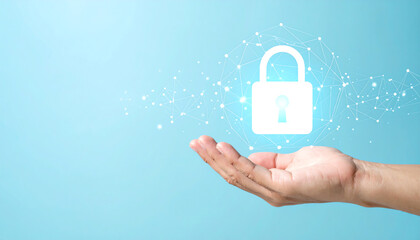 Poster - A hand holds a digital lock symbol, representing security and protection in a technology-driven world with a blue background